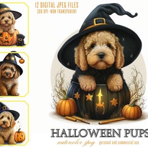 Lindo cachorro de Halloween, ilustración digital de acuarela de Labradoodle, paquete de archivos JPG para uso comercial, revistas basura, impresión POD