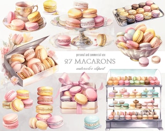 Pink Macarons Watercolor Clipart, French Dessert PNG Bundle (27 Images)