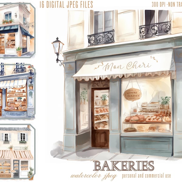 Clipart de pastelería de panadería de acuarela, paquete de ilustración de Storefront Paris Cafe, archivos JPG para uso comercial, diarios basura, POD de sublimación