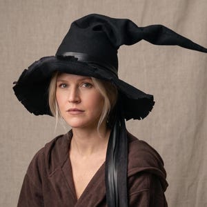 Handmade Black Witch Hat | Frayed Edge, Ribbon Accents, Gothic Costume