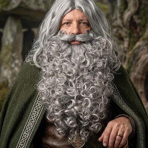 Grey Wizard Beard Wig Set | Gandalf Merlin Druid Sorcerer Costume Prop