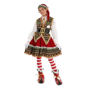 Disfraz de elfo escandinavo para niña, hecho a mano y de alta calidad, para una animadora profesional en fiestas navideñas y fiestas temáticas.