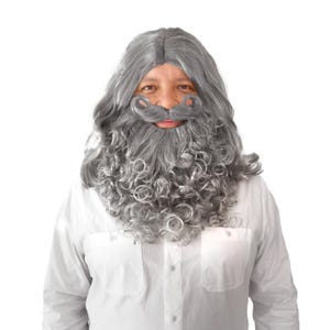 May include: A gray curly wig with a mustache and beard. The wig is styled with long, flowing curls and covers the person's entire head.