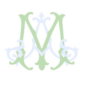 May include: A monogram design featuring the letters M, A, and S, in a light green and pale blue color scheme. The letters are intertwined with decorative flourishes, creating an elegant and classic look. The design is set against a white background.