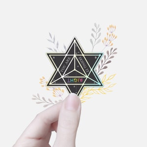 Può includere: Adesivo nero e bianco con forma di stella geometrica e il testo "You are doing it right" in colori arcobaleno. L'adesivo è su uno sfondo bianco con una mano che lo tiene e un disegno floreale.