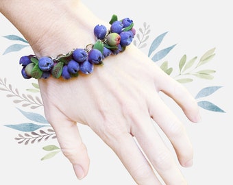 Summer Forest Jewelry of Polymer Clay Blueberry Bracelet Gift For Her