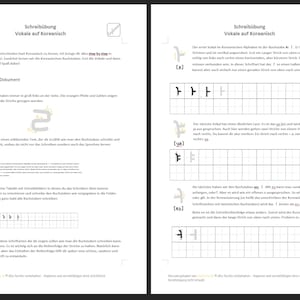 May include: A worksheet for learning to write Korean vowels. The worksheet includes instructions in German and examples of how to write each vowel. The vowels are labeled with their phonetic pronunciation.