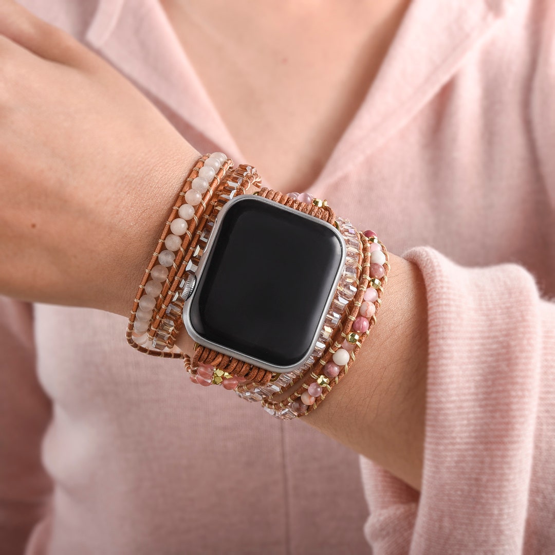 Rose Quartz Apple Watch Bandboho Beaded Watch Charmwatch Etsy