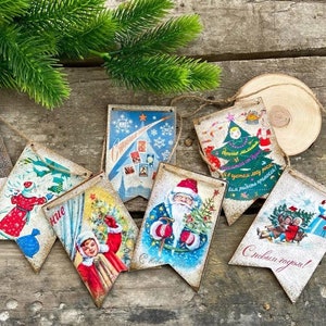 Guirlanda de Ano Novo com Cartões Postais Vintage (1 m), Decorações de Guirlanda de Lareira Feitas à Mão, Decoração de Natal Nostálgica em Madeira