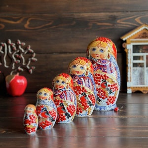 Winter Birds Christmas nesting dolls, Delightful Bullfinches stacking dolls, Premium matryoshka, Babushka dolls, Russian Alphabet course