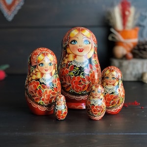 Khokhloma Art Russian Dolls (5 pcs), Gorgeous nesting dolls, Premium matryoshka, Stacking dolls + FREE gift: Russian Alphabet video course