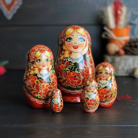 ホフロマアートロシア人形（5個）、豪華な入れ子人形、プレミアム