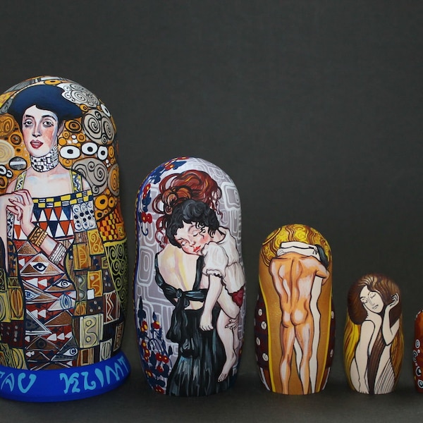 Gustav Klimt Art Russische Nistpuppen 5 Stück, auf Bestellung gefertigt, personalisieren Sie mit Ihrer eigenen Idee | Geschenk: Videokurs zum russischen Alphabet