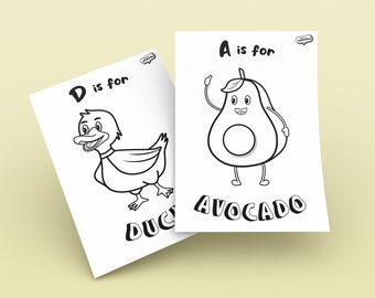 26 pages de coloriage ABC pour enfants - Illustrations amusantes, mignonnes et originales, impression à la maison, téléchargement instantané, apprentissage de l’alphabet, activités éducatives