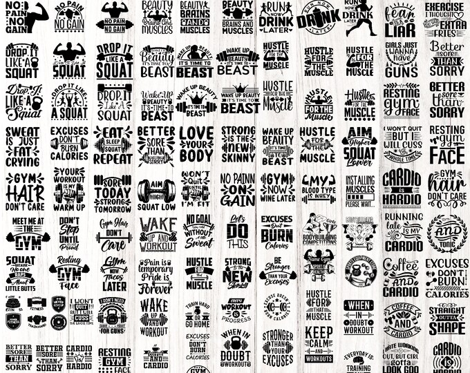 121 Workout SVG bundle, No Pain No Gain PNG, Fitness Svg, Exercise Svg, Workout Shirt Svg, Gym Quotes png, Hustle hard Svg, Gym Cut File