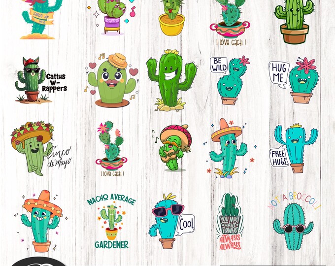 Cute Cactus Clipart, Cute Quirky Succulent DTF PNG, Nursery Decor SVG, Cactus with Sombrero, Kawaii Playful Cactus party Bundle Png, cactus