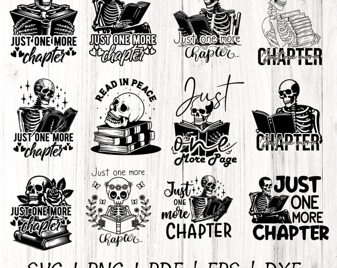 12 Just One More Chapter Skull SVG, Book Lover DXF, Book Quote Skull Png, Funny Bookish Png, Trendy Retro skull Groovy Wavy Digital Download