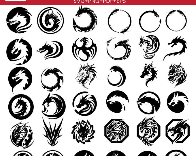 35 Dragon SVG Bundle, Tribal Fantasy Dragon Clipart, Dragon Head Vector Files, Laser Engraving Designs, Cricut & Glowforge Digital Download