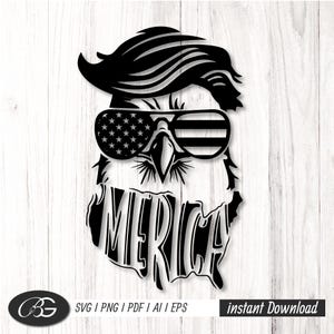 Könnte beinhalten: Schwarzes Ausschnittdesign eines Adlers mit Sonnenbrille im Design der amerikanischen Flagge. Das Wort "AMERICA" wird durch die Form der Vereinigten Staaten gebildet. Enthält den Text "instant Download" und Dateitypinformationen.