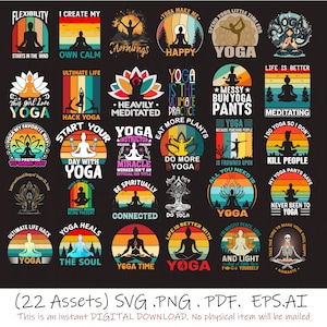 May include: A set of 22 digital yoga-themed designs in SVG, PNG, PDF, and EPS formats. The collection features yoga poses, motivational quotes, and retro colour schemes. Text includes phrases such as "Flexibility Starts in the Mind" and "Yoga Time".