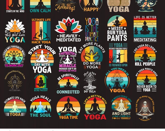 Yoga t shirt design DTF Sublimation Bundle, heat transfer vinyl Png, Eps, AI, pdf, Svg, htv cut file, htv svg, meditation png, yoga cut file