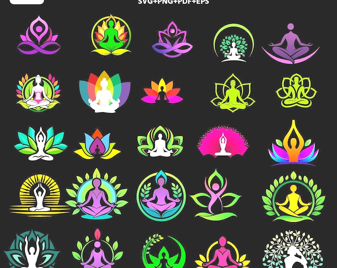 25 Yoga SVG Bundle, Meditation Lotus Clipart PNG, Mindfulness Silhouette Cut Files, Spiritual Yoga Designs Sublimation, Printable Wall Art