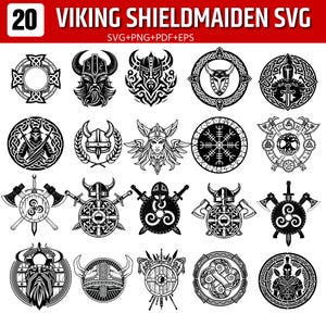 Può includere: Una collezione di 20 disegni SVG di Viking Shieldmaiden in bianco e nero. I disegni includono elmi vichinghi, scudi, asce e altri simboli norreni. Il testo "VIKING SHIELDMAIDEN SVG" è in alto.