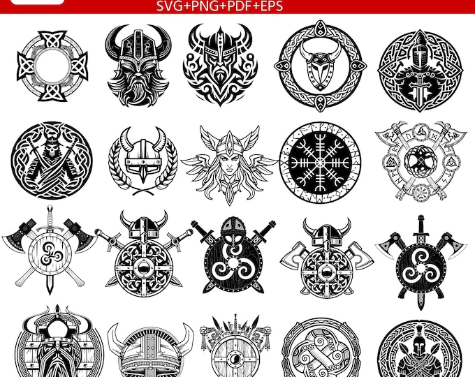 Viking Shieldmaiden SVG Bundle (20 Designs) | Norse Viking png pdf eps | Warrior Helmets Shields Symbols | Cricut Laser Engraving Files