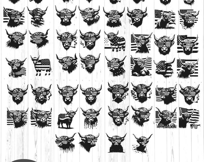 US Highland Cows Svg | US Farm Animal Clipart | Dairy Cattle Cut File | Highland Beef Stencil | Highland Heifer T-shirt Design | Dxf | Png