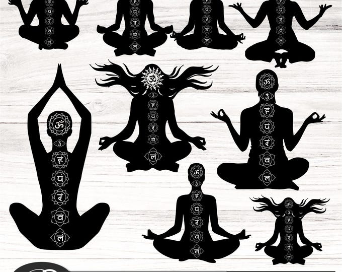 7 Chakras girl SVG, Namaste Clipart, Yoga Bundle, Chakra Symbols SVG, Meditation cut file, Digital Cut File,  Cricut Silhouette Eps Png Dxf
