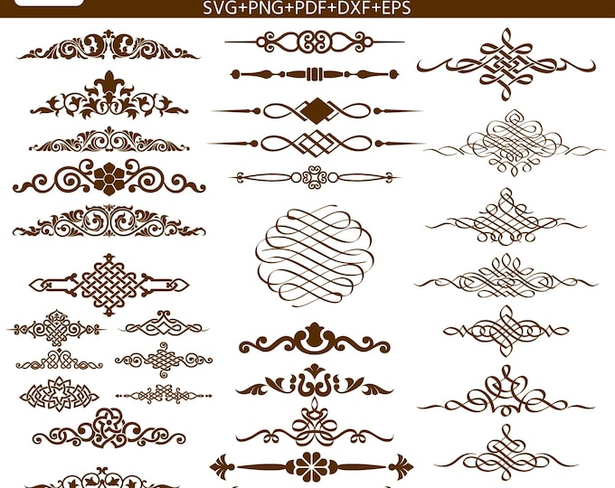 30 Decorative Elements SVG Bundle | Vintage Flourish Borders Dividers SVG | Ornamental Swirls Clipart png cut file | Wedding Invitation svg