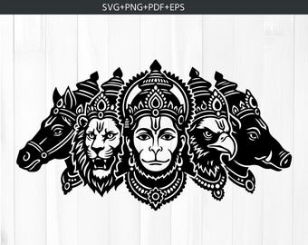 Panchmukhi Hanuman Sticker SVG | Spiritual Wall Art Line Drawing png | Hindu God Vector Design for Cricut & Silhouette | Instant Download