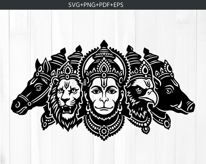 Panchmukhi Hanuman Sticker SVG | Spiritual Wall Art Line Drawing png | Hindu God Vector Design for Cricut & Silhouette | Instant Download