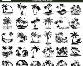 30 Palm Tree SVG Bundle, Tropical Beach png, Summer Island Silhouette Cut Files, Laser Cut Vector Bundle, Silhouette Cameo, Coastal Decor