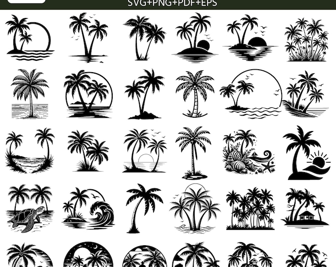 30 Palm Tree SVG Bundle, Tropical Beach SVG, Summer Island Silhouette png, Cricut Cut File, Laser Engraving Vector, Coastal Clipart Bundle
