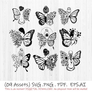 Fille papillon Floral SVG, ailes PNG, téléchargement numérique JPG, fichier de coupe Cricut papillon, Clipart Floral png, conception svg fleurs papillon