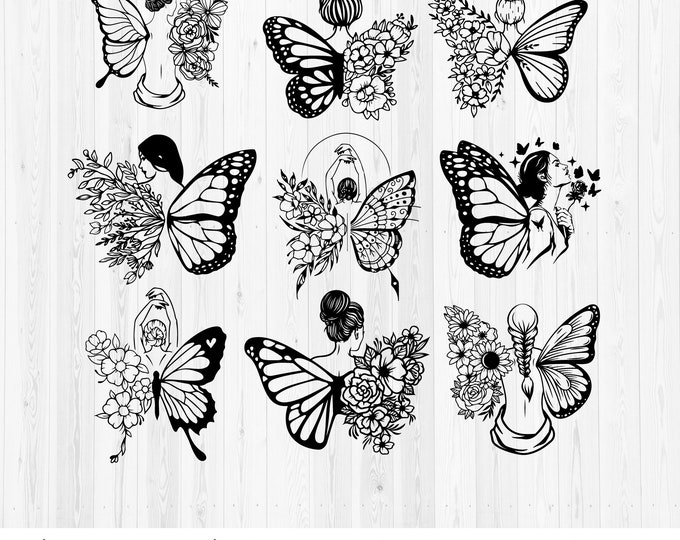 Butterfly girl Floral SVG, wings PNG, JPG Digital Download, Butterfly Cricut Cut File, Floral Clipart png, Butterfly Flowers svg Design