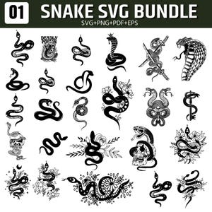 Orm SVG-paket, 24 reptilikoner, fet linjeteckning, tatueringsstil (png, eps, pdf)