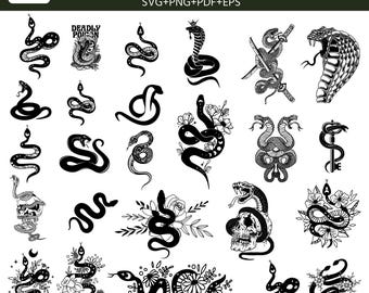 Snake SVG Bundle, 25+ Serpent Designs SVG png,eps pdf, Cobra Skull Snake Floral Tattoo Style, Gothic Reptile Clipart, Laser engraving