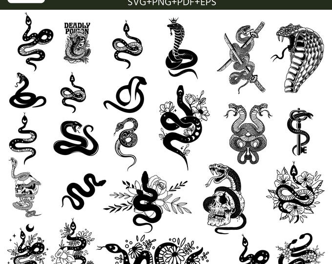 Snake SVG Bundle, 25+ Serpent Designs SVG png,eps pdf, Cobra Skull Snake Floral Tattoo Style, Gothic Reptile Clipart, Laser engraving