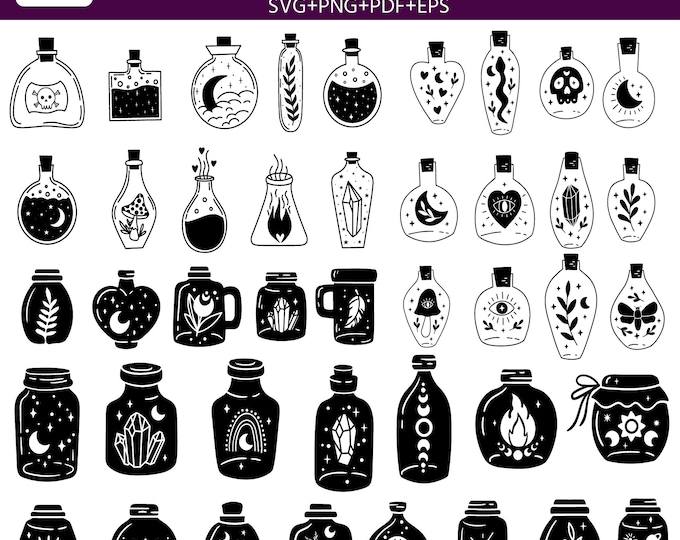 Magical Jars SVG Bundle (42 Designs) | Witch Potion Bottle SVG | Mystic Apothecary Clipart | Moon Crystal Magic Bottle PNG pdf eps