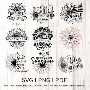 Pacchetto SVG di girasole, file di taglio di girasole, ispirazione floreale, file SVG ispiratori, file di taglio SVG, file SVG di mezzo girasole, png trasparenti