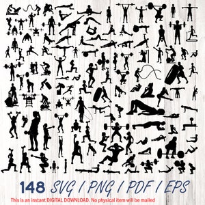 148 file SVG png PDF per silhouette di allenamento, file PNG per palestra, file PNG per maglietta fitness, file PNG motivazionali, file PNG per maglietta da allenamento, citazioni sulla palestra, file di taglio per palestra