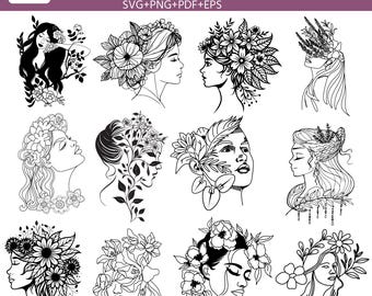 12 Line Art Face svg, Flowers in hair svg, Line Art Women SVG, Faces Woman Floral SVG, Lady Face One Line, Cut File for Cricut, Digital File