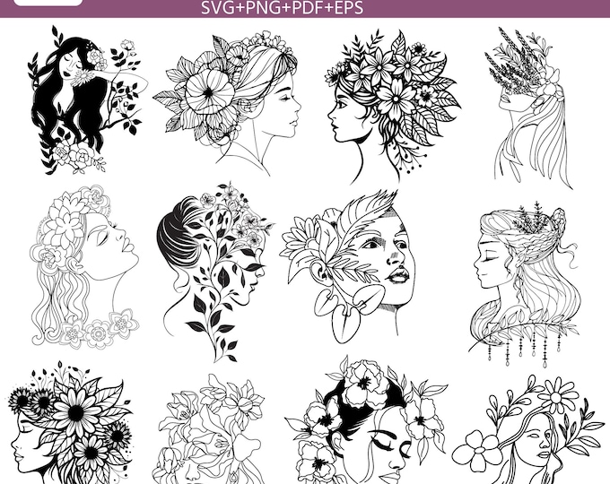 12 Line Art Face svg, Flowers in hair svg, Line Art Women SVG, Faces Woman Floral SVG, Lady Face One Line, Cut File for Cricut, Digital File