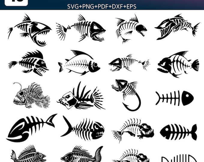 Skeleton Fish SVG Bundle, Fishing Skull PNG, Gothic Fish DXF, Spooky Marine Clipart, Creepy Ocean Bones, Angler Fish Tattoo
