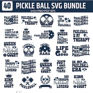 Peut inclure: Un ensemble graphique numérique à télécharger comprenant 40 motifs SVG sur le thème du pickleball. Les motifs incluent du texte tel que "Pickleball is my therapy", "Queen of the Court" et "Eat Sleep Pickleball Repeat". Le lot comprend des fichiers SVG, PNG, PDF et EPS.
