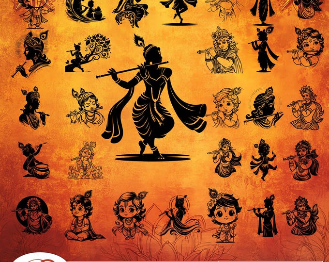 30 Lord Krishna svg bundle, Indian Worship Stickers, Krishna Laser Cut, Cricut, Silhouette, Krishna T-Shirt Design, hindu SVG, Krishna PNG