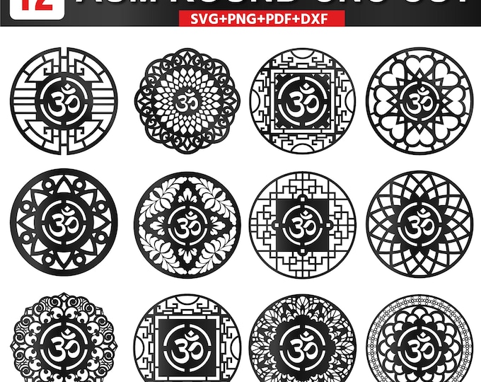12 AUM Round DXF SVG png pdf Bundle | Om Mandala Laser Cut Files | cnc Metal Cut Wall Art | mdf Wood Cut Design | Glowforge LightBurn Cricut