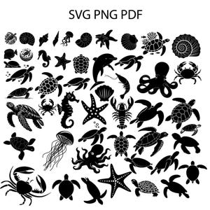 May include: A collection of black silhouettes featuring various marine life including sea turtles, octopuses, crabs, starfish, seahorses, dolphins, shrimp, and seashells. The text SVG PNG PDF is displayed at the top of the image.
